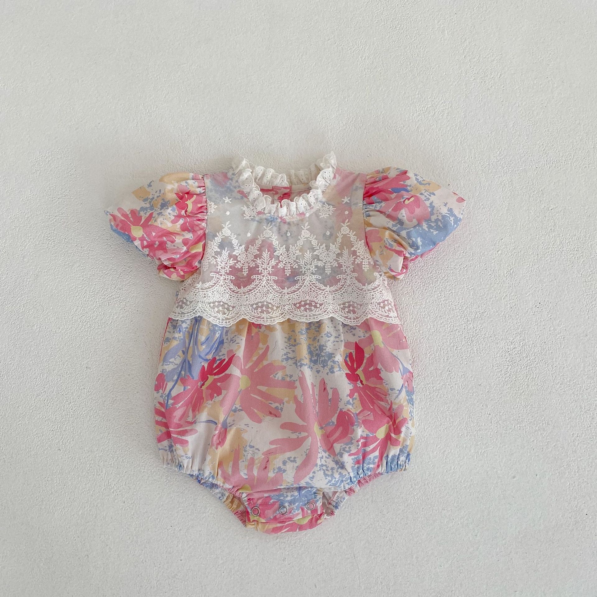 Infant Baby Girl Flower Pattern Mesh Patched Design Puff Sleeve Onesies ...