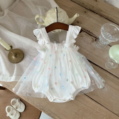 Infant Baby Girl Solid Color Cute Mesh Patched Onesie Dress Wholesale