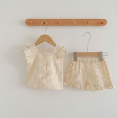 Baby Girl Plaid Pattern Square Neck Sleeveless Summer Clothing Sets Wholesale