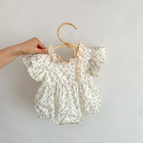 Infant Baby Girls Floral Square Collar Flutter-sleeved Romper Wholesale