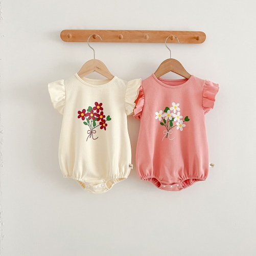 Infant Baby Girls Floral Flutter-sleeved Romper Wholesale