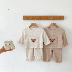 Infant Baby Unisex Pocket Front Embroidery Bear Waffle Long-sleeved Sets Wholesale