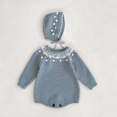 Infant Baby Girls 2-Pieces Hand Pompom Lace Collar Design Romper With Hat In Sets Wholesale