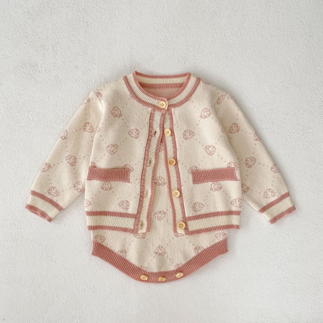 2023 New Arrival Infant Baby Jacquard Bear Romper Combo Cardigan In Sets Wholesale