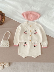 Baby Girls 0-2 years Embroidery Floral Cardigan Combo Short Pants In Sets Wholesale