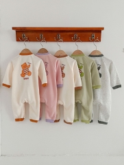 Infant Baby Unisex Solid Color Single Breasted Design Bear Long Sleeve Romper Wholesale