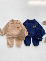 Infant Baby Boys Two Colors Embroidery Bear Waffle Long-sleeved Sets Wholesale