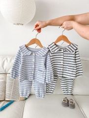 Infant Baby Unisex Stripe  Lapel Long-sleeved Top Combo Pants In Sets Wholesale