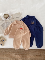 Infant Baby Boys Two Colors Embroidery Bear Waffle Long-sleeved Sets Wholesale