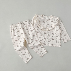 2023 New Arrival Infant Baby Girls Lace Round Collar Long-sleeved Sets Wholesale