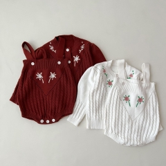 2023 New Arrival Infant Baby Girls Embroidery Long Sleeve Flower Knitted Sweater Combo In Sets Wholesale