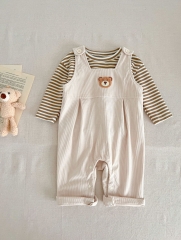 Infant Baby Unisex Stripes Bear Head Corduroy Combo Overalls In Sets Wholesale