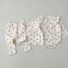 2023 New Arrival Infant Baby Girls Lace Round Collar Long-sleeved Sets Wholesale