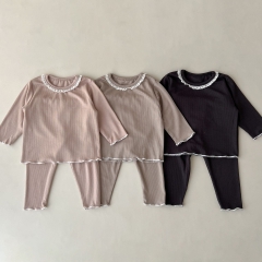 Infant Baby Girls 3 Colors Lace Round Collars Long-sleeve Combo Long Pants In Sets Wholesale