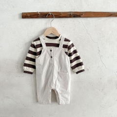 2023 Infant Baby Unisex Stripes Shirt Combo Corduroy Overalls In Sets Wholesale
