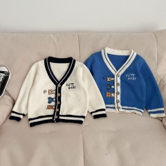 2023 Infant Baby Boys Embroidery V Collars Knit Cardigan Spring & Autumn Knitwear Wholesale