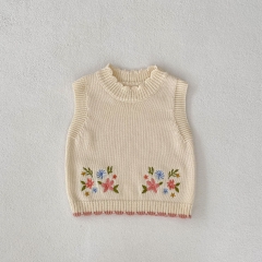 2023 Baby Girls Flower emboidery Hollow-out Solid Knitting Vestr Wholesale