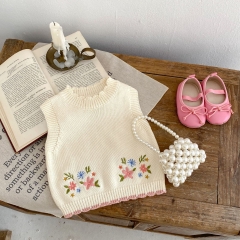 2023 Baby Girls Flower emboidery Hollow-out Solid Knitting Vestr Wholesale