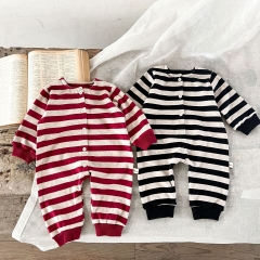 2023 New Autumn Infant Baby Unisex Stripes Round Collars Buttons Long Sleeve Jumpsuit Wholesale