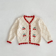 2023 New Arrival Infant Baby Girls Cherry Embroidery V-collars Hollow-out Pattern Cotton Cardigan Wholesale