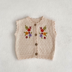 2023 New Autumn Baby Girls Embroidery Hollow-out Solid Knitting Vest Wholesale