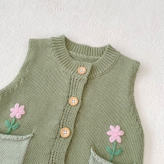 2023 New Autumn Baby Girls Embroidery Combo 2 Pockets Hollow-out Solid Knitting Vest Wholesale