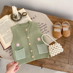 2023 New Autumn Baby Girls Embroidery Combo 2 Pockets Hollow-out Solid Knitting Vest Wholesale