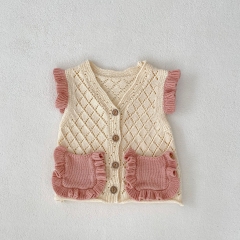 2023 New Autumn Baby Girls 2 Pockets Hollow-out Solid Knitting Vest Wholesale