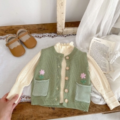 2023 New Autumn Baby Girls Embroidery Combo 2 Pockets Hollow-out Solid Knitting Vest Wholesale