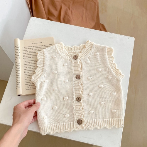 2023 New Autumn Baby Girls Knit Wool Balls Around Hollow-out Solid Knitting Vest Wholesale