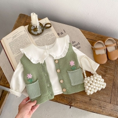 2023 New Autumn Baby Girls Embroidery Combo 2 Pockets Hollow-out Solid Knitting Vest Wholesale