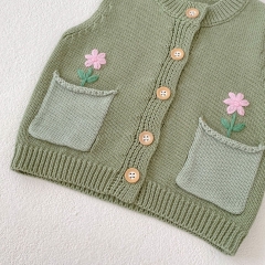 2023 New Autumn Baby Girls Embroidery Combo 2 Pockets Hollow-out Solid Knitting Vest Wholesale