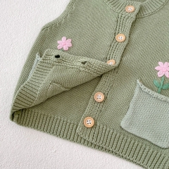 2023 New Autumn Baby Girls Embroidery Combo 2 Pockets Hollow-out Solid Knitting Vest Wholesale