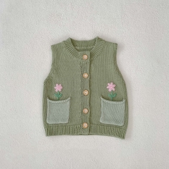 2023 New Autumn Baby Girls Embroidery Combo 2 Pockets Hollow-out Solid Knitting Vest Wholesale