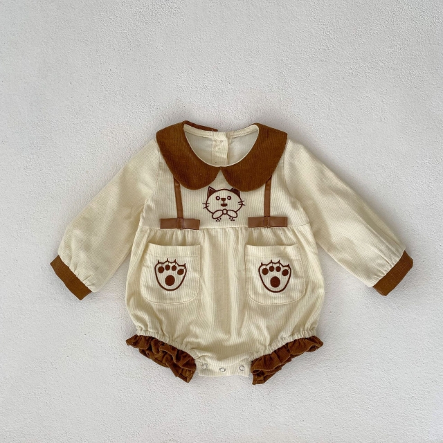 2023 New Autumn Infant Baby Unisex Little Cat Embroidery Long Sleeve One Piece Wholesale