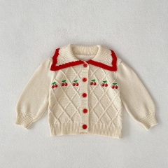 2023 New Arrival Infant Baby Girls Cherry Embroidery Lapel Hollow-out Pattern Cotton Cardigan Wholesale