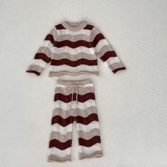 Infant Baby Girl Wavy Stripes Knitted Twist Sweater Combo Long Pants In Sets Wholesale