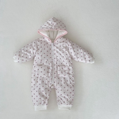 2023 New Winter Infant Baby Girl Fleece Jacquard With 2 Pockets Long Sleeve Combo Hat Jumpsuit Wholesale
