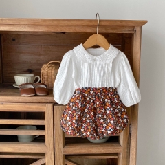 Infant Baby Girls 0-2Y Lace Long Sleeve Top Combo  Floral Print Overalls 2-Piece Suit Fashion Baby Clothing Sets