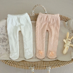 Infant Baby Girls Solid Color Knitting Pattern Pants with Lace Flowers Wholesale