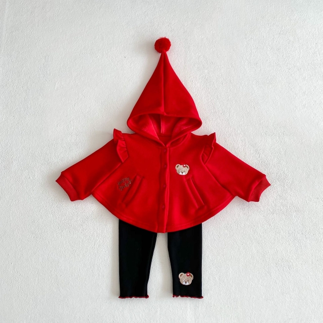 Infant Baby Girls Cartoon Logo Knitted Red Cardigan and Black Pants Sets Wholesale