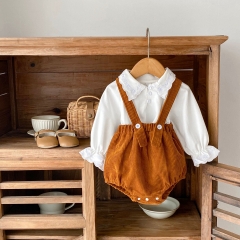 Adorable Toddler Girl Baby Set: Irregular Embroidered Collar Solid Color Top and Overall Romper Combo 2-Piece Set Wholesale