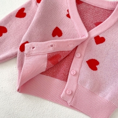 Adorable Pink Red Heart Pattern V-neck Knit Cardigan for Infant Toddler Girls Wholesale