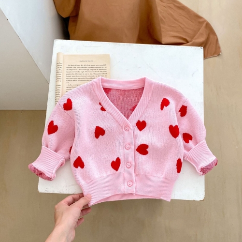 Adorable Pink Red Heart Pattern V-neck Knit Cardigan for Infant Toddler Girls Wholesale