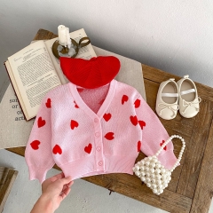 Adorable Pink Red Heart Pattern V-neck Knit Cardigan for Infant Toddler Girls Wholesale