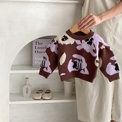 Infant and Toddler Knit Sweater: Patchwork Jacquard Long Sleeve Pullover Round Neck Top for Baby Wholesale