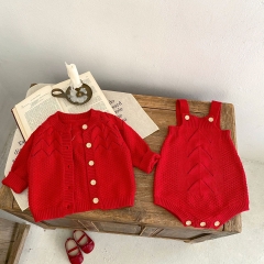 Infant Toddler Girls' Hollow Knit Cardigan and Solid Color Knit Romper 2-Piece Set Wholesale