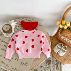 Adorable Pink Red Heart Pattern V-neck Knit Cardigan for Infant Toddler Girls Wholesale