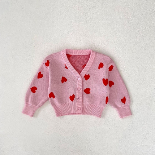 Adorable Pink Red Heart Pattern V-neck Knit Cardigan for Infant Toddler Girls Wholesale