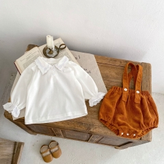 Adorable Toddler Girl Baby Set: Irregular Embroidered Collar Solid Color Top and Overall Romper Combo 2-Piece Set Wholesale